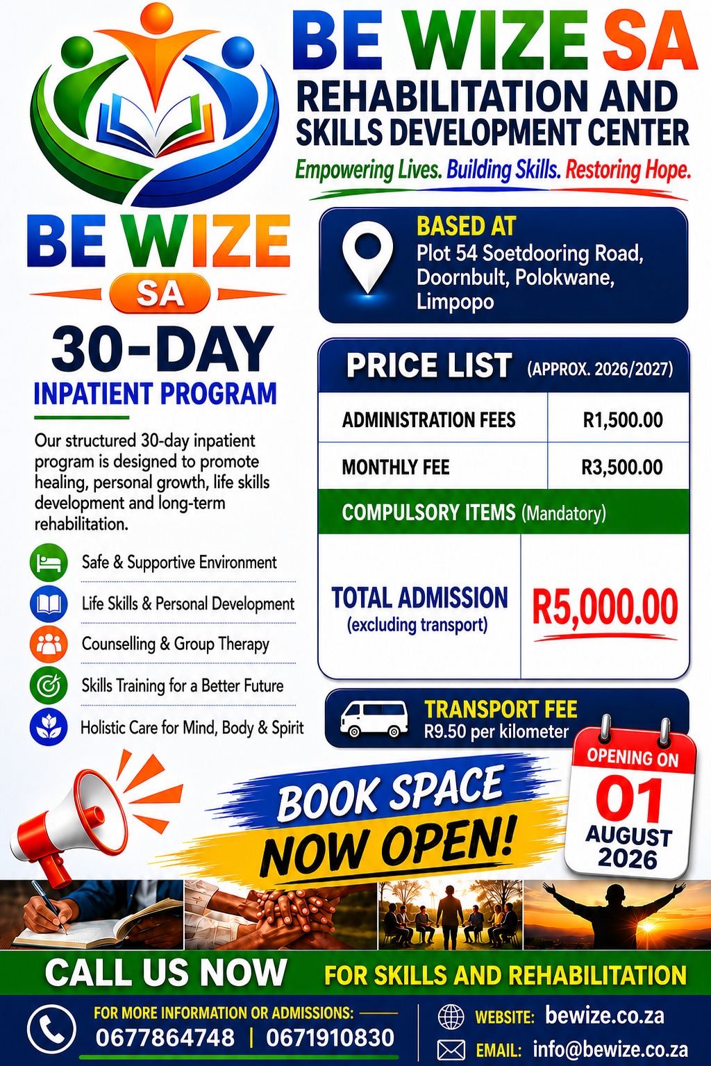 BE WIZE SA Skills Development and Rehabilitation Center Flyer - Opening 1st August 2026